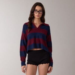 Cozy Wide Navy and Burgundy Stripe Collared Knit Sweater Top